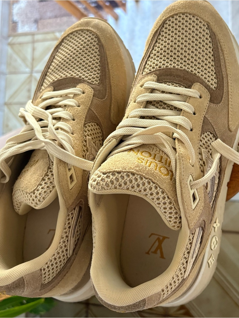 Authentic Louis Vuitton Beige Suede & Mesh Sneakers with Cream Laces